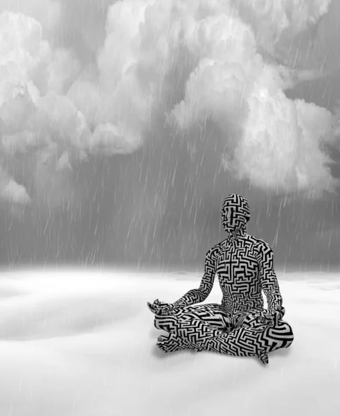 Labirent Desenli Bir Adam Beyaz Manzarada Meditasyon Yapar Oluşturma — Stok fotoğraf