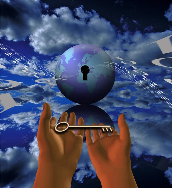 Hands Hold Key World Internet Rendering — Stock Photo, Image
