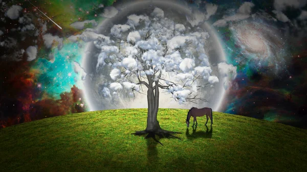 Pianeta Alieno Albero Che Cresce Cavallo Che Pascola Sul Cielo — Foto Stock