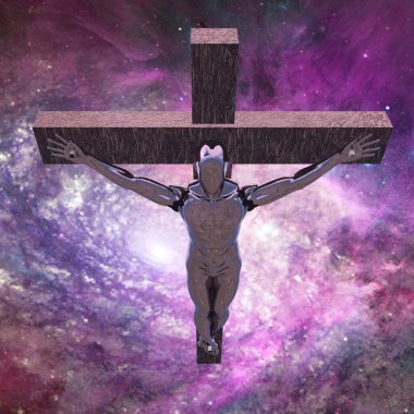 Uzayda çarmıha gerilmiş gümüş cyborg. 3B görüntüleme.