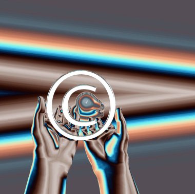 Telif hakkı sembolünü tutan eller. 3d oluşturma.