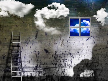 Bulutlu ve merdivenli Grunge kompozisyonu. 3d oluşturma.