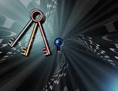 Siber güvenlik. Anahtar deliği, anahtarlar ve ikili kod. 3d oluşturma.