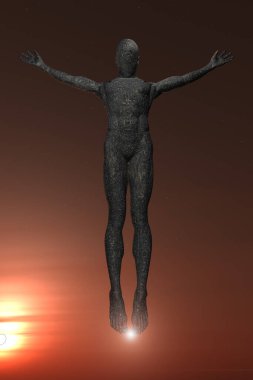 Günbatımı gökyüzünde droid yükselişi. 3B görüntüleme.