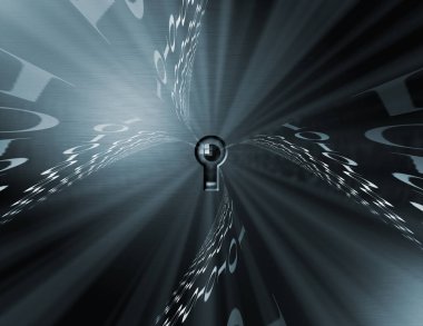 Siber güvenlik. Anahtar deliği ve ikili kod. 3d oluşturma.