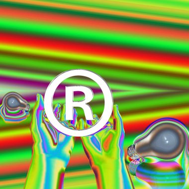 Kayıtlı bir fikir. Ampullü kayıtlı semboller. 3d oluşturma.