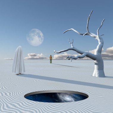 Beyaz kumaşlı figür gerçeküstü beyaz çölde duruyor. Uzakta yalnız bir adam. Zen gezegeni. 3d oluşturma.