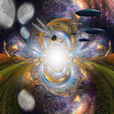 Uzaylı teması. Astronot ve UFO 'lar. 3d oluşturma.