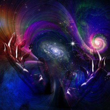 Digital abstract background with hands in space