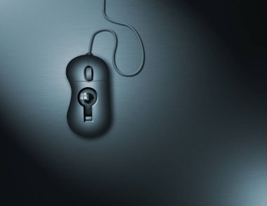 Bilgisayar faresindeki bir anahtar deliğinden göz akranları. Dijital casusluk mu? 3d oluşturma.