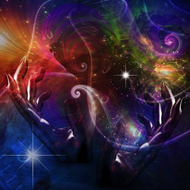 Digital abstract background with hands in space