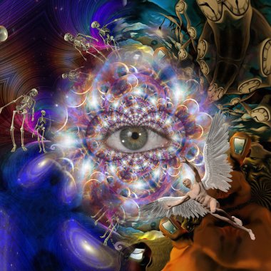 Ruhani kompozisyon. Hepsi gören gözler ve melekler. 3d oluşturma.