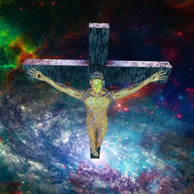 soyut renkli arkaplan ve haçın üzerinde vücut silueti 