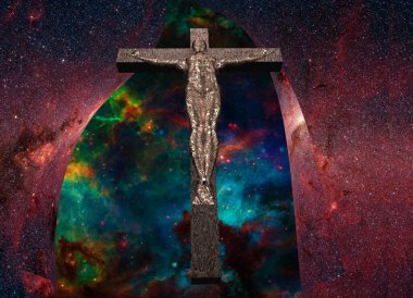 Uzayda çarmıha gerilmiş sayborg. Renkli nebula arkaplanı. 3d oluşturma.