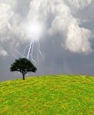 Yeşil manzaralı bir ağaç. 3B görüntüleme.