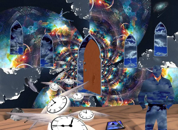Flujo Tiempo Escena Surrealista Con Puerta Ventanas Antiguas Bailarina Reloj —  Fotos de Stock