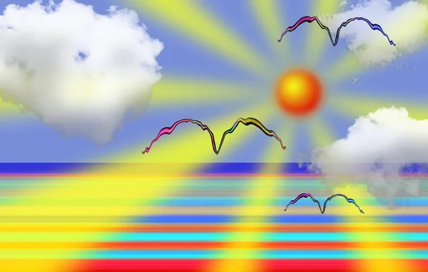 Morning Sun Water Surface Birds Fly Sky Rendering — Stock Photo, Image