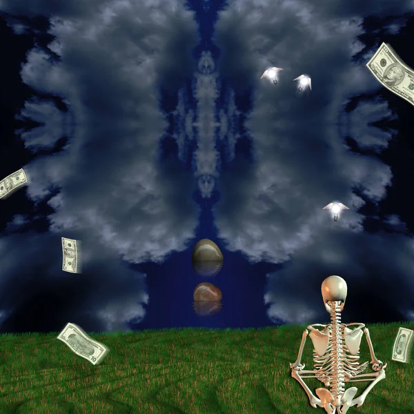 Символическая Композиция Скелет Медитирует Сюрреалистических Пейзажах Крылатые Лампочки Долларовые Купюры — стоковое фото