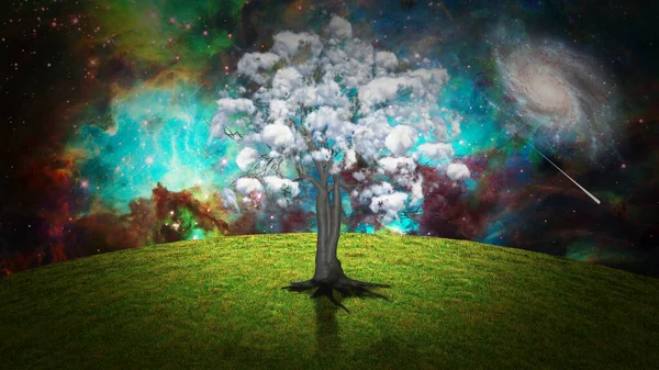 外星行星 生长在星空的树 — 图库照片