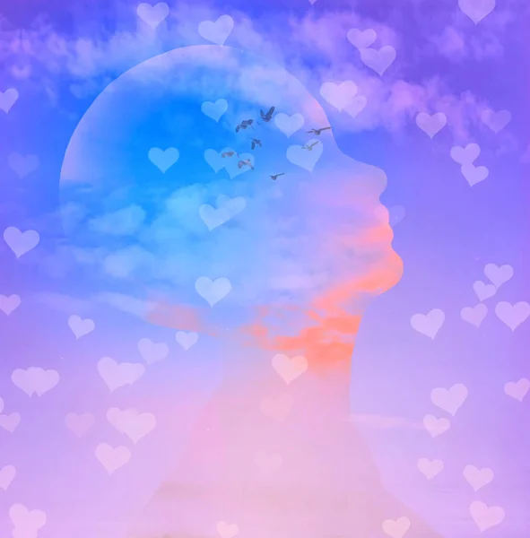 Human Silhouette Birds Floating Hearts Love Rendering — Stock Photo, Image