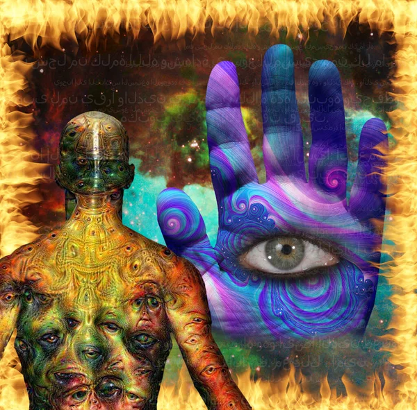 Duchowe Lęki Człowiek Dziwnymi Demonicznymi Oczami Skórze Ludzkiej Dłoni Oczami — Zdjęcie stockowe