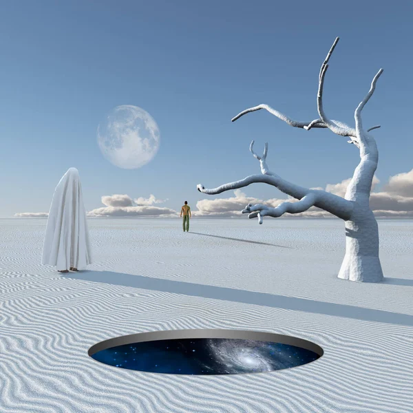 白い布の図は シュールな白い砂漠に立っている 遠くにいる孤独な男 惑星禅 3Dレンダリング — ストック写真