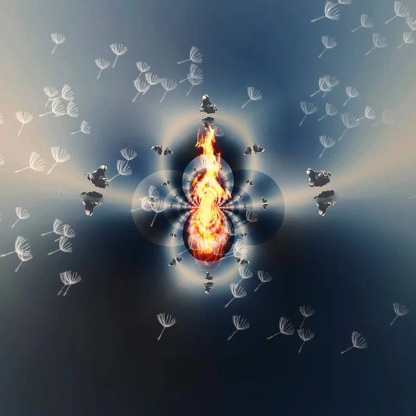 Storm Cloud Fractal Fire Dandelion Seeds Flying — Stock Photo, Image