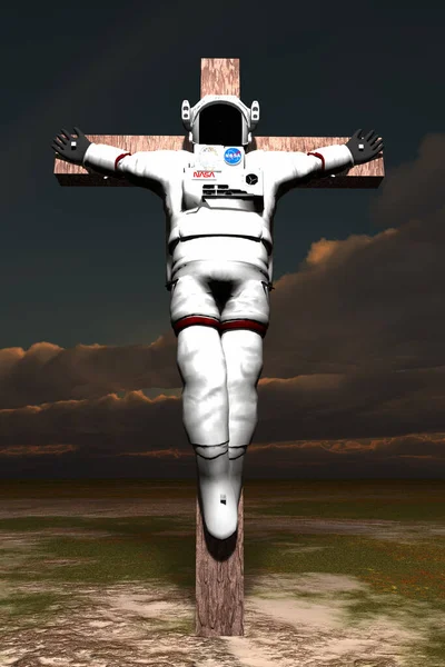Astronauta Crucificado Con Fondo Cielo Dramático Renderizado — Foto de Stock