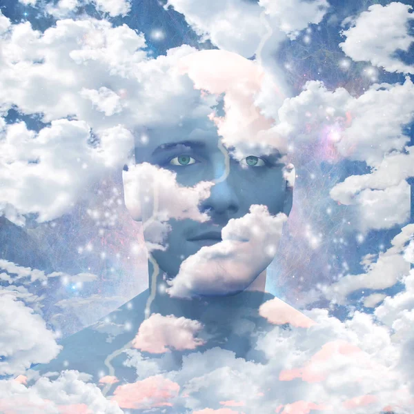 Arte Digital Surrealista Cabeza Hombre Con Nubes Fondo Abstracto Renderizado — Foto de Stock