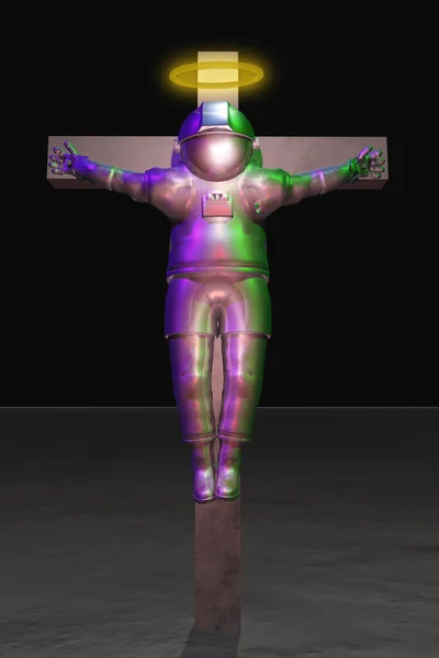 Crucified Astronaut Halo His Head Rendering — Stock Photo, Image