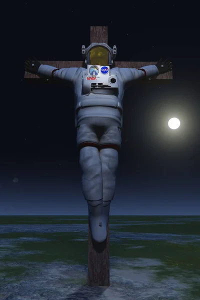 Gekreuzigter Astronaut Der Nächtlichen Landschaft Darstellung — Stockfoto