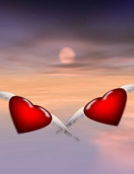 Flying Red Hearts Wings Digital Abstract Background — Foto Stock