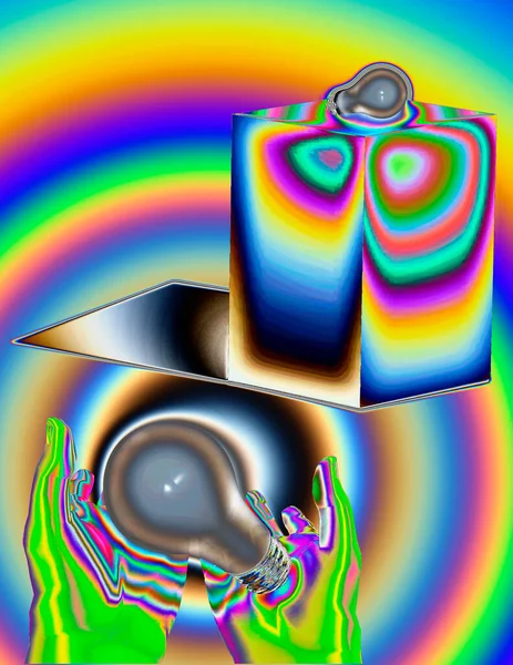 Ampul Eller Geometrik Şekil Renkli Arkaplan Üzerinde — Stok fotoğraf