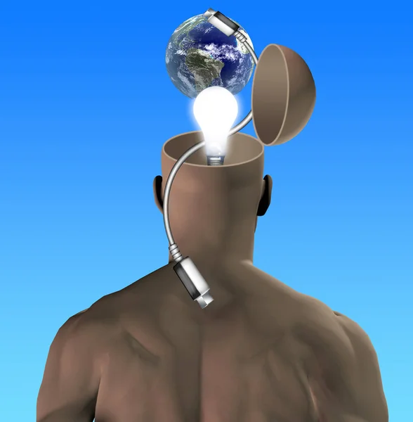 Connection Earth Man Open Head Usb Able Light Bulb Rendering — Stock Photo, Image