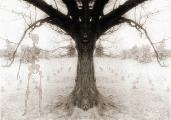 Esqueleto Enferrujado Cemetário Assombrado Árvore Com Ramos Simétricos Renderização — Fotografia de Stock