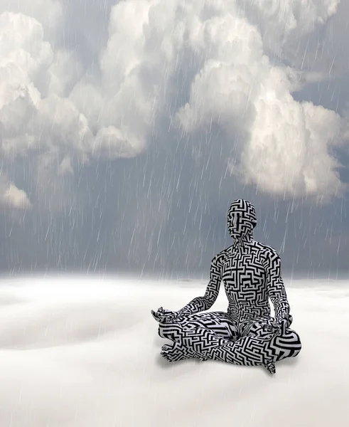Labirent Desenli Bir Adam Beyaz Manzarada Meditasyon Yapar Oluşturma — Stok fotoğraf