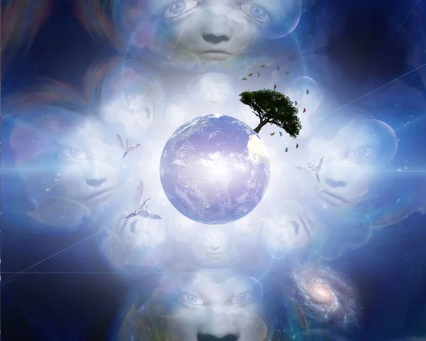Planet Erde Mit Baum Und Wolken — Stockfoto