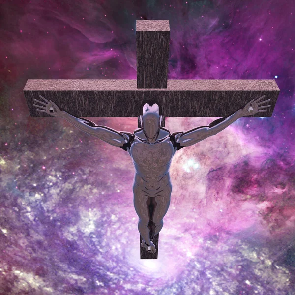 Cyborg Argenté Crucifié Dans Espace Rendu — Photo