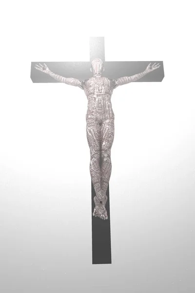 Crucified Cyborg Isolated White Rendering — Stock Photo, Image