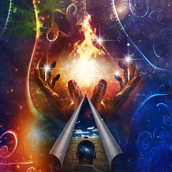 Руки Божьи, держи огонь. Открытая вуаль раскрывает тайну под ней. Человек с галактическими мыслями и временной спиралью. Сила Божья.