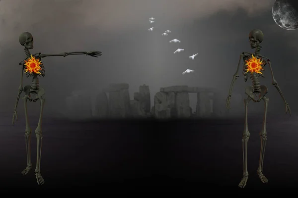 Kolorowa Ilustracja Stonehenge Ludzkiego Szkieletu — Zdjęcie stockowe