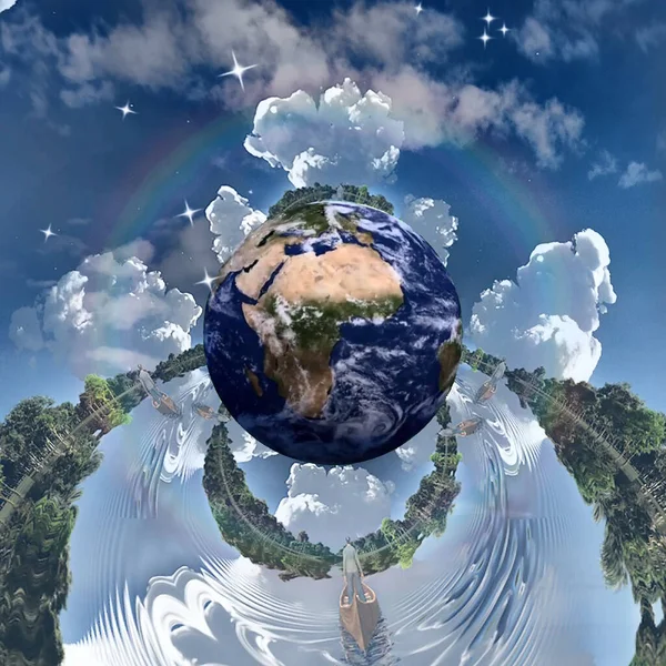 Mens Reist Naar Overstroomd Landschap Planeet Aarde Breukschildering — Stockfoto