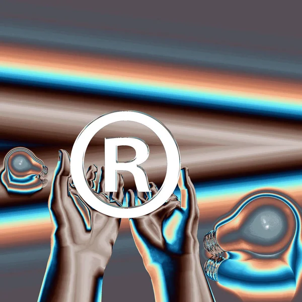 Kayıtlı bir fikir. Ampullü kayıtlı semboller. 3d oluşturma.