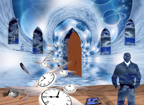 Flujo Tiempo Escena Surrealista Con Puerta Ventanas Antiguas Bailarina Reloj —  Fotos de Stock