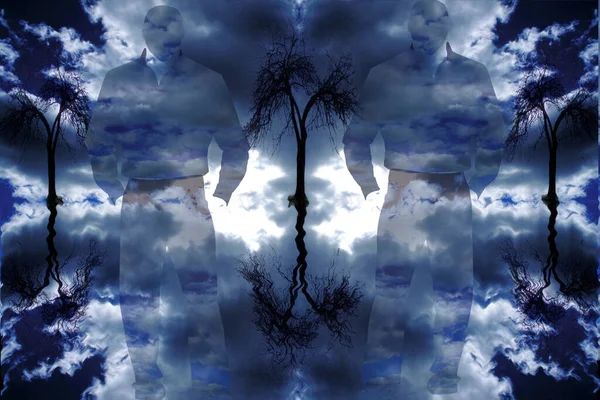 Сюрреалистичные Деревья Мужской Силуэт Размышления Воде Рендеринг — стоковое фото