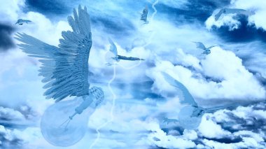 Kanatlı fikirler gökyüzünde uçar. 3d oluşturma.