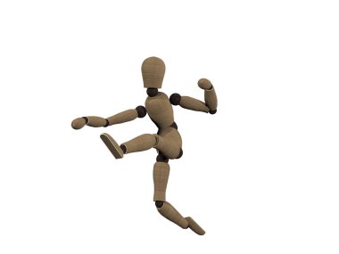 Beyaz bir arka planı olan tahta bir manken.