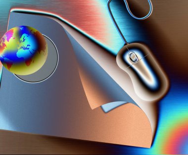 Boş bir kağıt parçası, bilgisayar faresi ve dünya. 3d oluşturma.