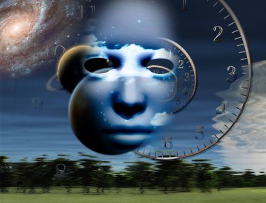 İnsan yüzüne sahip soyut kozmik arkaplan