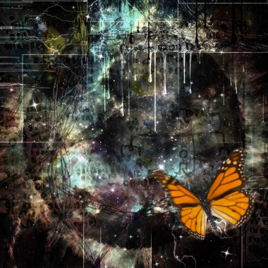 Kelebek modern soyut arka planda uçar. Mistik semboller ve resim. 3B görüntüleme.